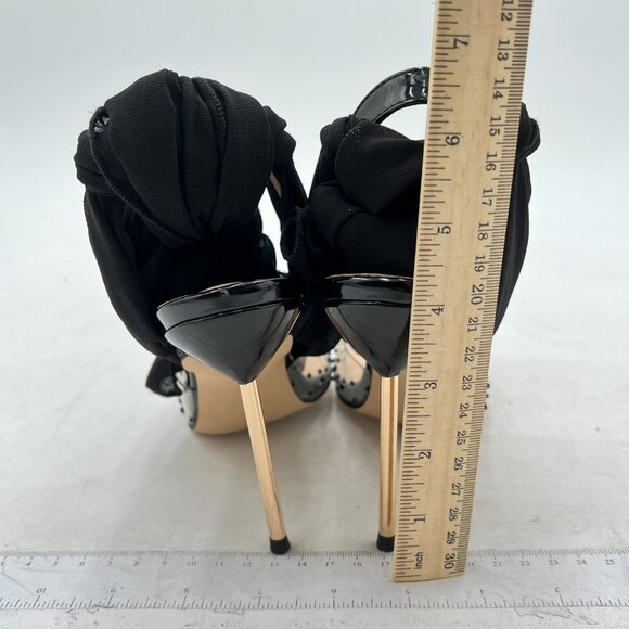 FSJ Black High Heel Ankle Strap Pointed Toe Rivets Pumps PVC Club Dress Sandals - Picture 5 of 8